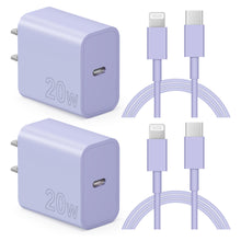 Load image into Gallery viewer, iPhone 14 13 12 Charger Super Fast Charger with 6FT Fast Charging Cable-Apple MFi Certified-2-Pack 20W PD USB C Compatible with iPhone14/14 Pro Max/13/13Pro/12/12 Pro/11/11Pro/XS,iPad-Purple
