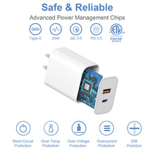 Load image into Gallery viewer, 3 Pack USB C Wall Charger-20W Dual Port QC+PD 3.0 Power Adapter-Double Fast Charger Block for iPhone 14/14 Pro/14 Pro Max/14 Plus/13/12/11, XS/XR/X, iPad Pro, Google Pixel, Samsung Galaxy and More

